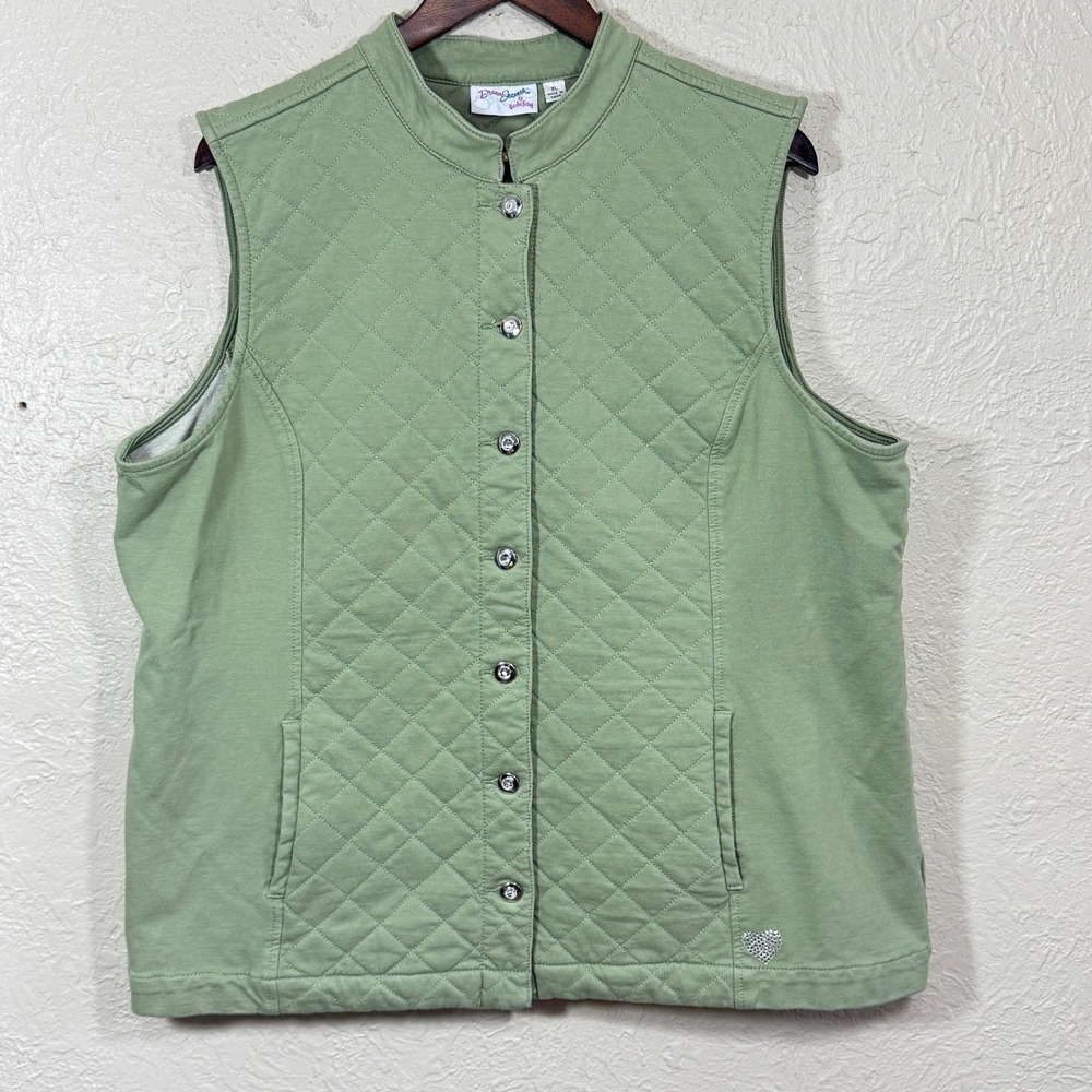 Quacker Factory Vest XL DreamJeannes Quilted Barn Sage Cotton Rhinestone A281812